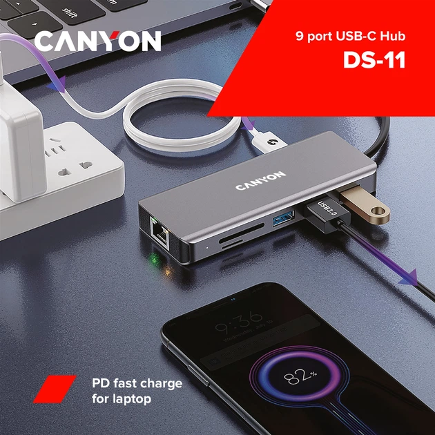 USB-хаб Canyon 9 port USB-C Hub DS-11 Grey (CNS-TDS11) - зображення 3