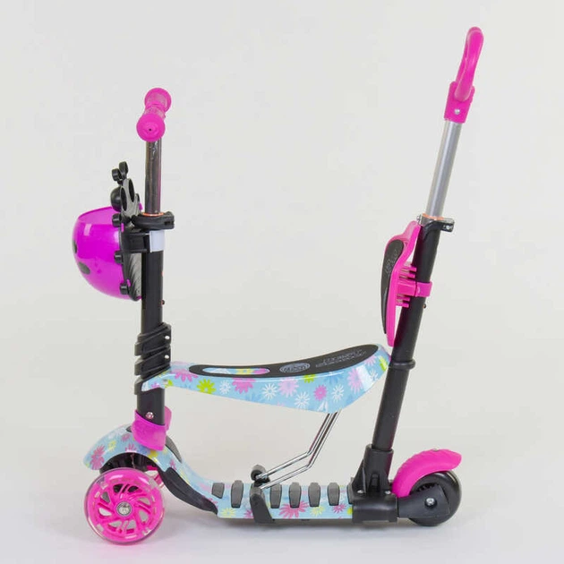 Дитячий триколісний самокат Best Scooter 11210 Божа корівка 5 в 1 із сидінням та батьківською ручкою, з малюнком, Рожевий з квітами на блакитному фоні - зображення 5