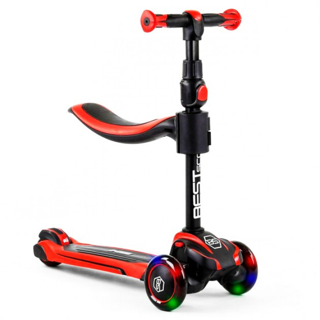 Детский трехколесный самокат-беговел Best Scooter JS-10711 с сиденьем и светящимися колесами, Черно-красный 