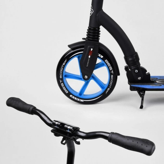 Самокат детский двухколесный Best Scooter от 5 лет широкий руль и амортизация черный с синим 54664 - изображение 5