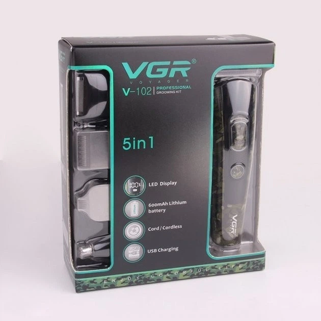 Машинка для стрижки волос , носа, бороды, бритва VGR V-102 5в1 аккумуляторный беспроводной триммер с дисплеем камуфляж - изображение 6