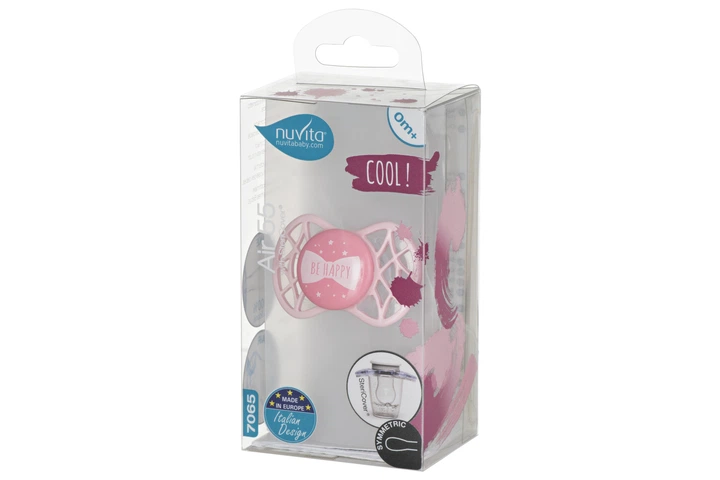 Пустышка симметрическая Nuvita NV7065 Air55 Cool 0m+ "BE HAPPY" цвет "розовый кварц" (NV7065RQ) - Фото 3 Пустышка симметрическая Nuvita NV7065 Air55 Cool 0m+ "BE HAPPY" цвет "розовый кварц" (NV7065RQ) - зображення 3