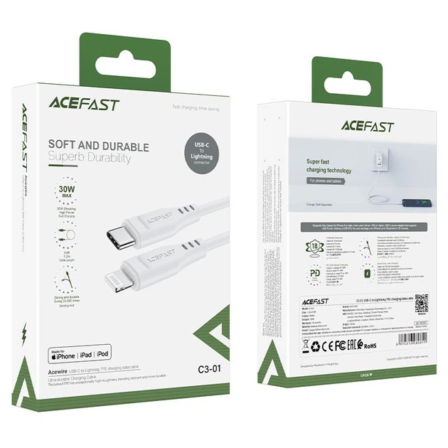 Кабель ACEFAST C3-01 Type-C to iP 3A, 30W, TPE, TPE connectors, White - Фото 3 Кабель ACEFAST C3-01 Type-C to iP 3A, 30W, TPE, TPE connectors, White - изображение 3