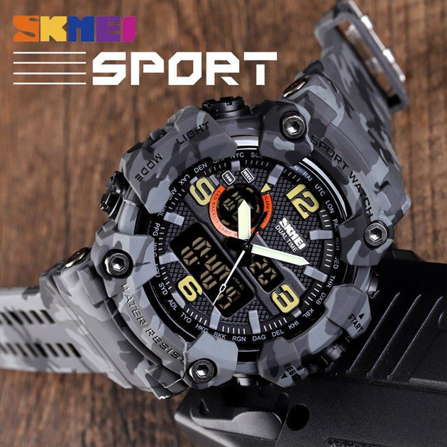 Мужские наручные часы Skmei 1520CMGY Gray Camo спортивные с подсветкой - изображение 3