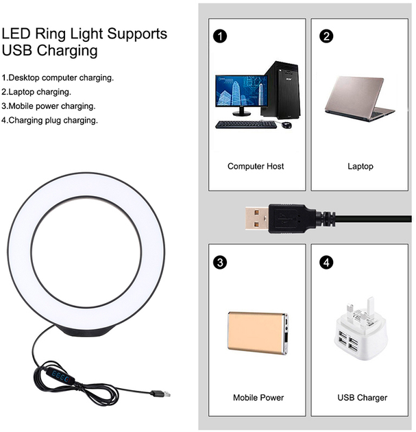 Кільцева USB LED-лампа Puluz PKT3059B 6.2" + настільний штатив - зображення 3