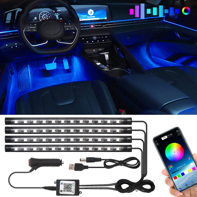 Купить Светодиодная подсветка салона авто 48 LED прикуриватель с телефона управление