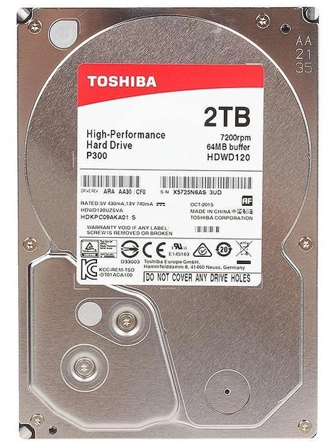 Накопичувач HDD SATA 2.0 TB Toshiba P300 7200rpm 64MB (HDWD120UZSVA) - зображення 1