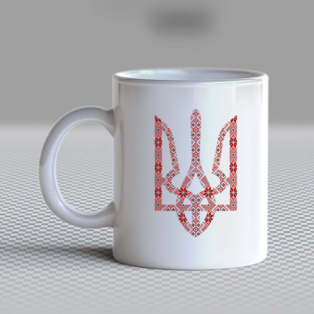 Белая кружка (чашка) с принтом "Украинский Герб из красного орнамента ...