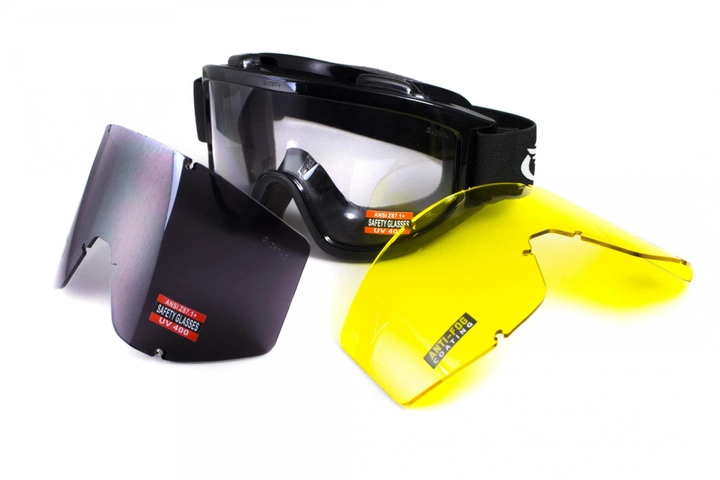 Захисні окуляри маска зі змінними лінзами Global Vision Global Vision Windshield 3Kit AF (жовта + прозора + сіра) - зображення 1