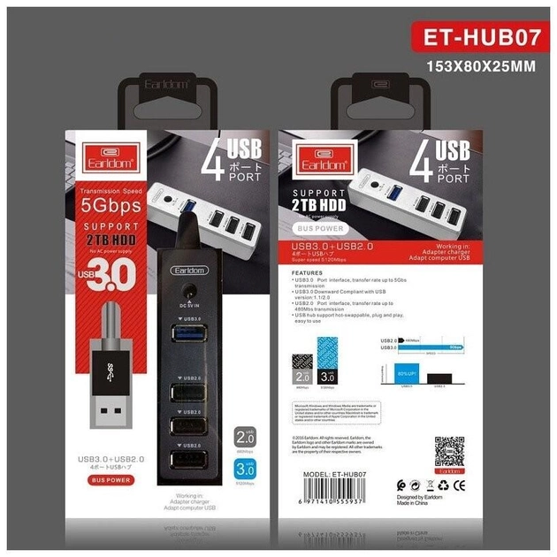 Хаб-переходник 4 в 1 Earldom ET-HUB07 (USB 4, USB 3.0, USB 2.0, пластик) - Черный - изображение 4