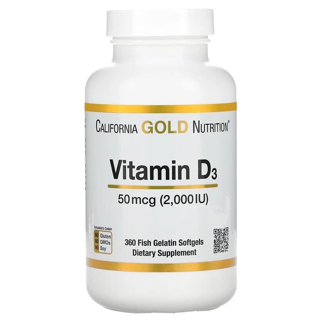 Вітамін D3, California Gold Nutrition, 50 мкг (2000 МО), 360 капсул з риб'ячого желатину - зображення 1
