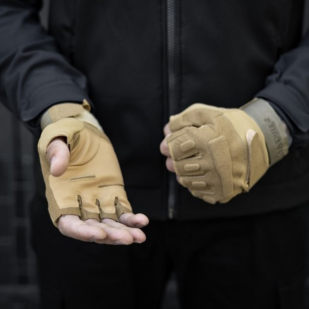 Тактические перчатки без пальцев HIMARS цвет бежевый Tactical Gloves PRO beige для ЗСУ ТРО ССО размер XL - изображение 1