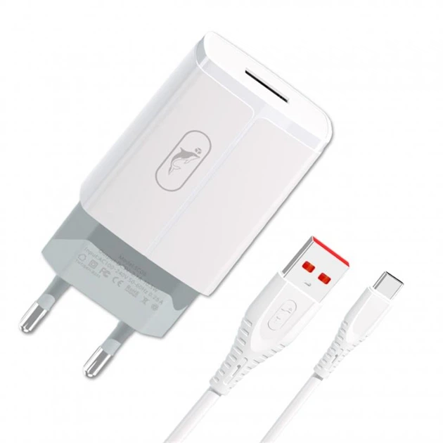 Мережевий зарядний пристрій SkyDolphin SC06T (1USBx2.4A) White (SDMZP-000179) + кабель USB Type-C - Фото 1 Мережевий зарядний пристрій SkyDolphin SC06T (1USBx2.4A) White (SDMZP-000179) + кабель USB Type-C - зображення 1