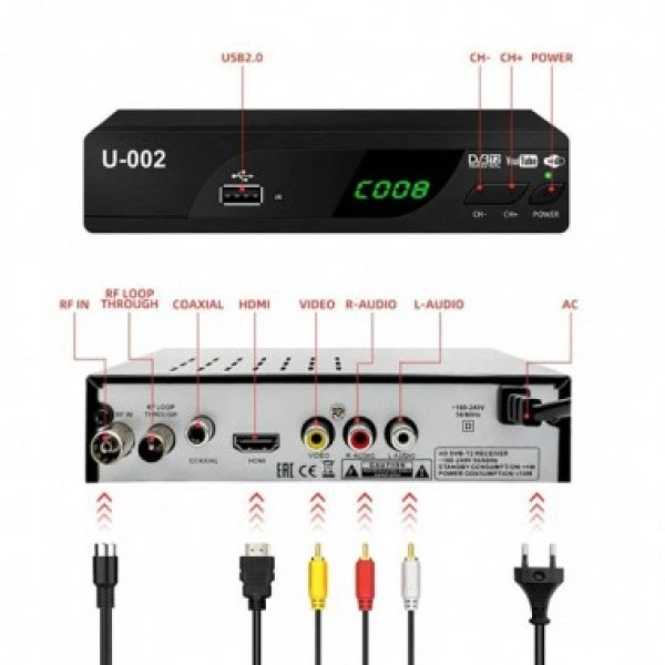 Приставка для телевизора Т2 тюнер U-0002 для цифрового ТВ DVB-Т2 с поддержкой Wifi адаптера Черный (VK-1867) TRG-100304 - изображение 3