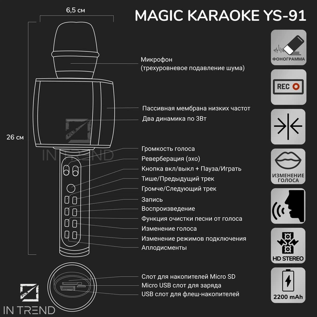 Караоке Мікрофон Колонка Magic Karaoke YS-91 Pro Rose бездротовий 3Вт+3Вт з Мембраною низьких частот Зміни голосу Фонограми Відлуння для дітей та дорослих юсб Bluetooth - зображення 10