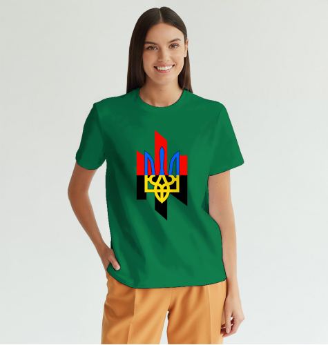 Женская футболка патриотическая с принтом Герб Тризуб Азов 2XL ярко-зеленая 