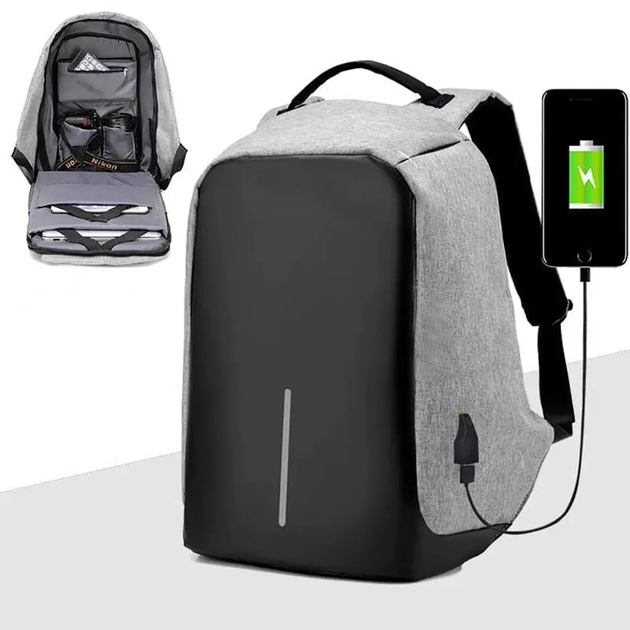 Вместительный городской рюкзак антивор Bobby (45х30х16,5 см) / Рюкзак для ноутбука c USB Серый - изображение 1