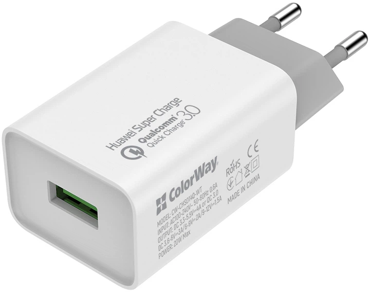 Мережевий зарядний пристрій ColorWay 1 USB Huawei Super Charge/Quick Charge 3.0, 4 A (20 W