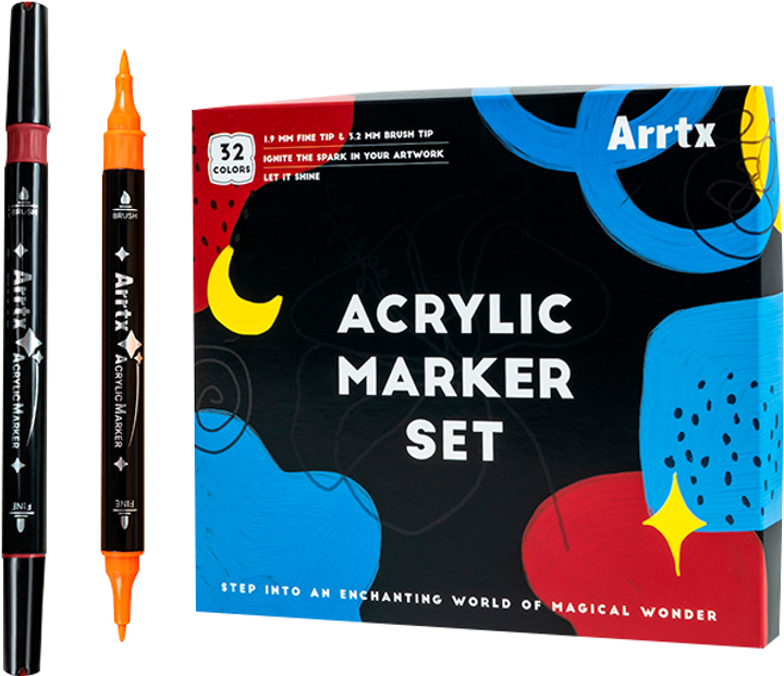 Arrtx 32 Colors Acrylic Marker, Brush Tip and Fine Tip (Dual Tip