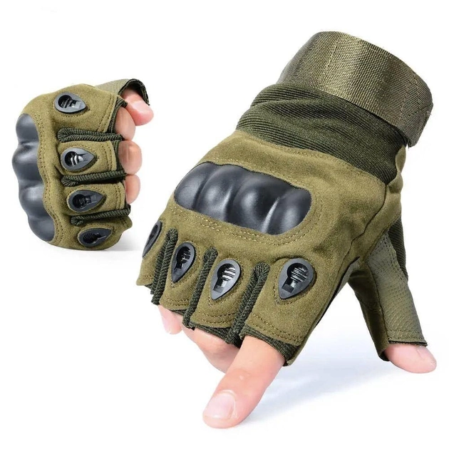 Перчатки тактические, (без пальцев, с кастеткой) защитные для военных M, Олива - изображение 1