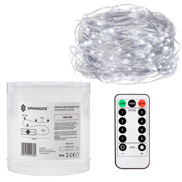 Светодиодная новогодняя гирлянда на батарейках Springos 9.9 м 100 LED Pilot CL0102 Cold White - Фото 2 Светодиодная новогодняя гирлянда на батарейках Springos 9.9 м 100 LED Pilot CL0102 Cold White - изображение 2