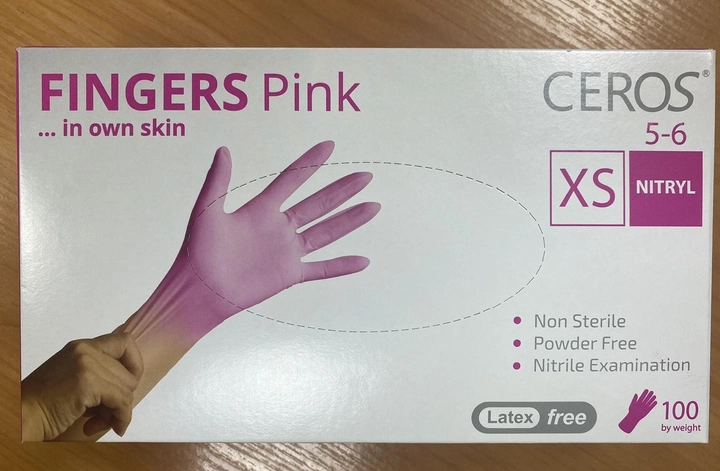 Рукавички нітрилові CEROS TM FINGERS Pink (100шт), розмір XS, рожеві - зображення 1