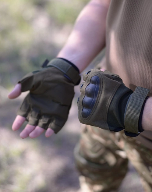 Рукавички тактичні військово армійські безпалі Combat із захистом кісточок кулака дихаючі бойові хакі - зображення 1