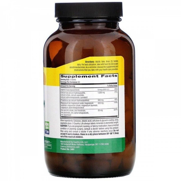 Кальцій-магній-цинк, Calcium Magnesium Zinc, Country Life, 180 таблеток (CLF-02491) - изображение 2