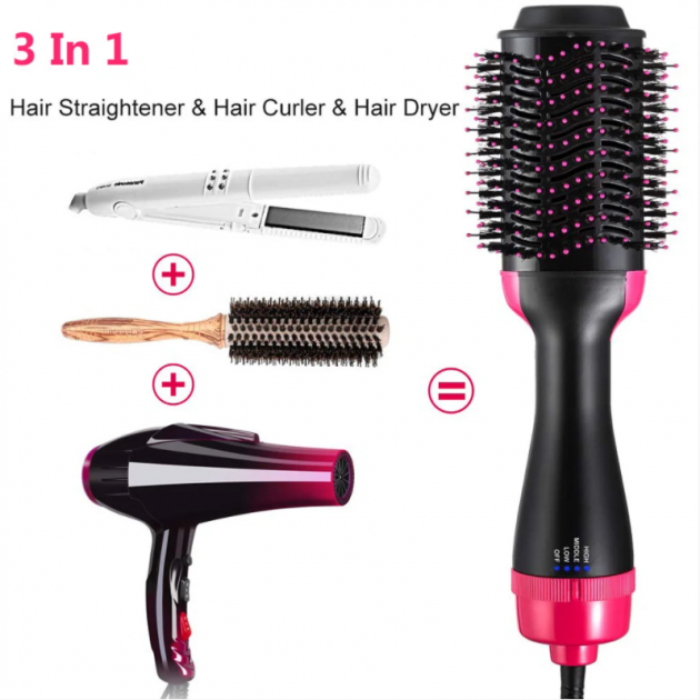 Одноступенчатый фен расчёска щетка для укладки волос стайлер 3 в 1 One Step Hair Dryer and Styler 1000 Вт Чёрно-розовый (2244) - изображение 9