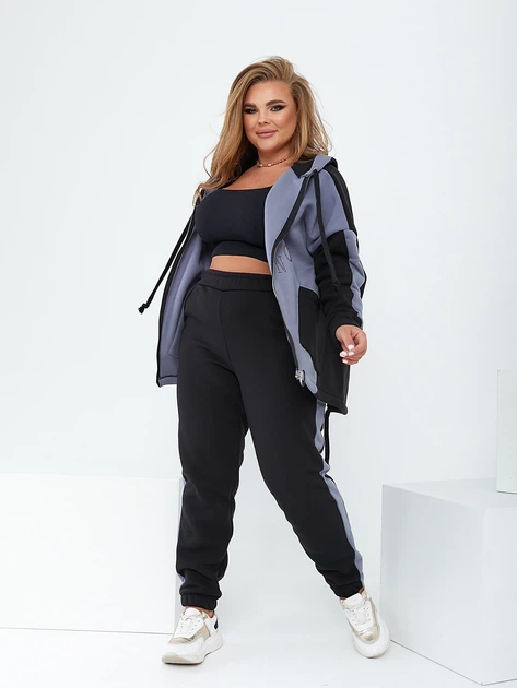 Стильный теплый костюм спортивный прогулочный с капюшоном на молнии трехнитка на флисе батальный серо - голубой - чёрный 56-58 VM 5430 - Фото 5 Стильный теплый костюм спортивный прогулочный с капюшоном на молнии трехнитка на флисе батальный серо - голубой - чёрный 56-58 VM 5430 - изображение 5