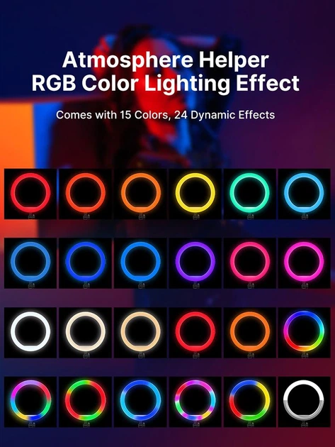 Кільцева кольорова лампа Ulanzi Vijim K15 CRI 95+ RGB 27 см на штативі 173см - изображение 7
