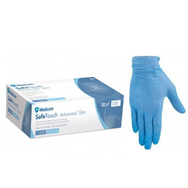 Перчатки нитриловые Medicom SafeTouch® Slim Blue текстурированные без пудры голубые размер M (4,2 г) - изображение 1