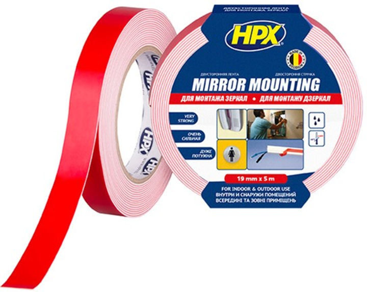 Вспененная двусторонняя клейкая лента HPX Mirror Mounting для монтажа зеркал 19 мм х 5 м Белая (DS1905) - изображение 1