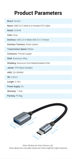 Кабель Vention USB Type-C - OTG USB3.0 AF, 0.15 m, Black (CCXHB) - Фото 3 Кабель Vention USB Type-C - OTG USB3.0 AF, 0.15 m, Black (CCXHB) - зображення 3