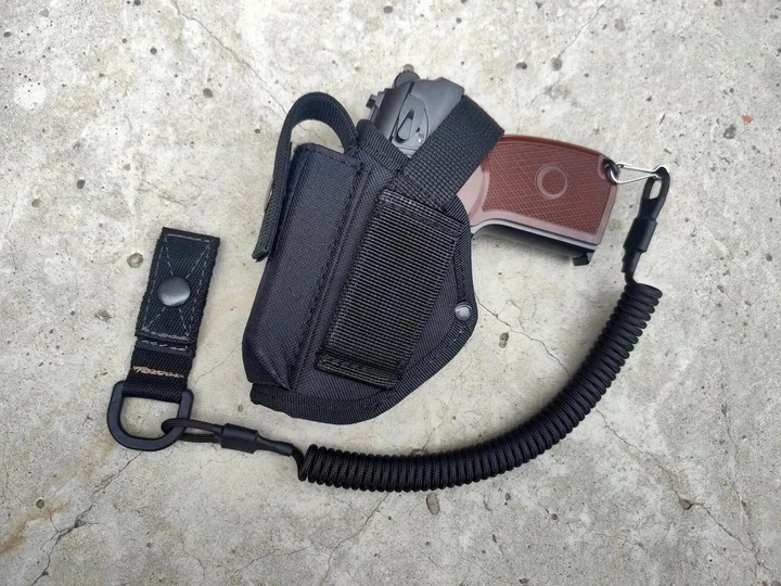 Кобура поясная с подсумком под магазин для пистолета макарова ПМ черная+шнур страховочный (тренчик) 971 - изображение 2
