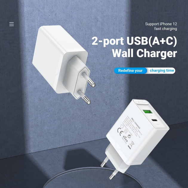 Зарядний пристрій Vention USB Type C + QC4.0 (18-20W) White (FBBW0-EU) - зображення 7