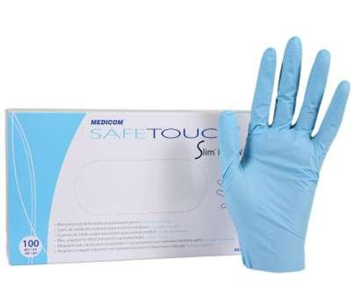 Рукавички оглядові нітрилові текстуровані Medicom SafeTouch® Slim Blue Блакитний (4,2 г) розмір M (00125) - зображення 1