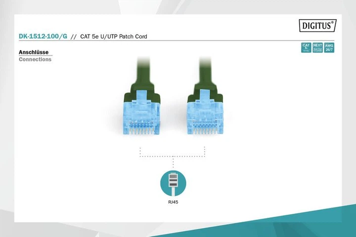 Патч-корд DIGITUS CAT 5e UTP, 10м, AWG 26/7, CCA, PVC, зелений - Фото 4 Патч-корд DIGITUS CAT 5e UTP, 10м, AWG 26/7, CCA, PVC, зелений - изображение 4