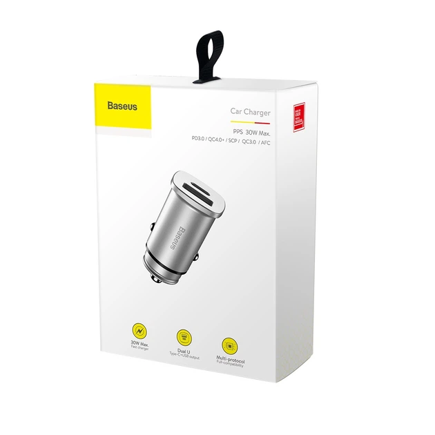 Автомобильное зарядное устройство Baseus Square Metal QC 4.0+PD3.0 30W USB + Type-C 5A Серебристый - Фото 5 Автомобильное зарядное устройство Baseus Square Metal QC 4.0+PD3.0 30W USB + Type-C 5A Серебристый - изображение 5
