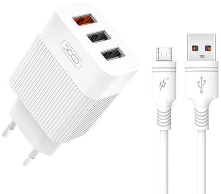 Сетевое зарядное устройство XO L72 QC 3.0 30W 18W/1USB + 2.4A/2 USB + microUSB White - Фото 1 Сетевое зарядное устройство XO L72 QC 3.0 30W 18W/1USB + 2.4A/2 USB + microUSB White - изображение 1
