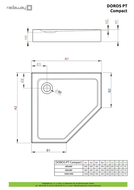 Душовий піддон Doros PT Compact 90x90 см, RADAWAY (SDRPTP9090-05) - изображение 2