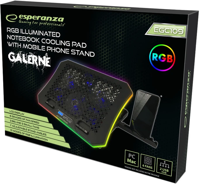 Podkładka chłodząca do laptopa Esperanza EGC109 Galerne z podstawką pod telefon Czarny/RGB - obraz 7