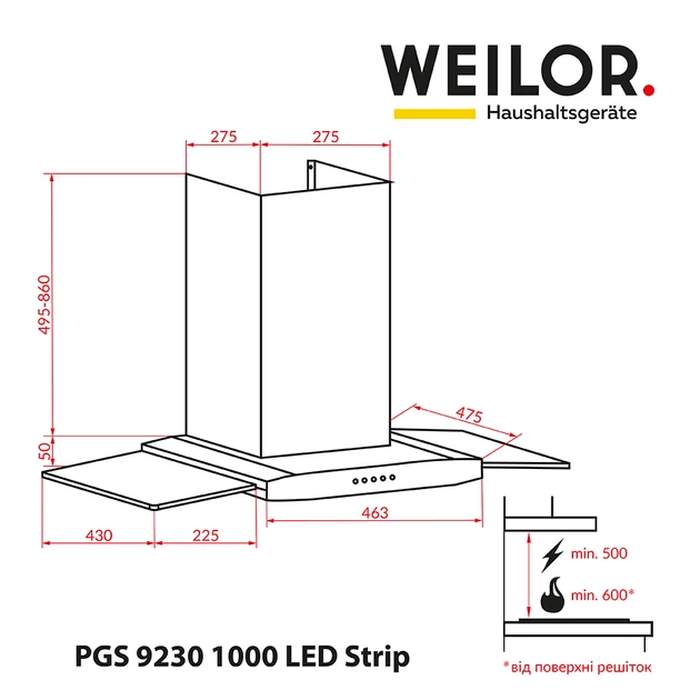 Декоративна витяжка зі склом WEILOR PGS 9230 IG 1000 LED Strip - изображение 9
