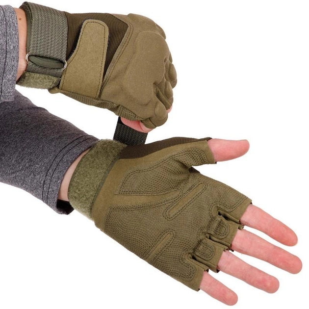 Плотные тактические перчатки армейские с открытыми пальцами на липучке для рыбалки охоты PRO TACTICAL оливковые АН8811 размер L - изображение 2