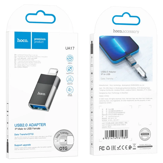 Адаптер Hoco UA17 Lightning Male to USB female USB2.0 adapter Black - зображення 3