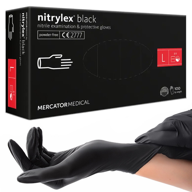 Перчатки нитриловые Mercator Medical nitrylex (100 шт), размер L, чёрные - изображение 1