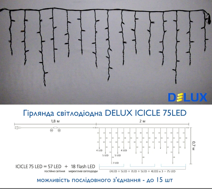 Гирлянда ICICLE 7 Вт желтая, провод черный 75 LED бахрома 2x0,7м IP44 для улицы - Фото 2 Гирлянда ICICLE 7 Вт желтая, провод черный 75 LED бахрома 2x0,7м IP44 для улицы - изображение 2