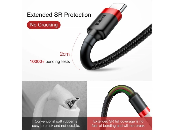 Кабель BASEUS Cafule Cable USB for Type-C Red/Black 0.5м (CATKLF-A91) - зображення 2