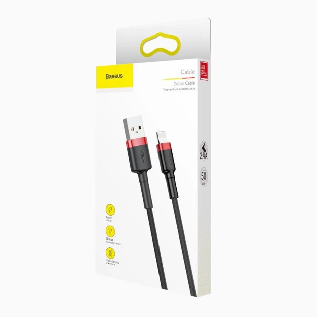 Кабель Baseus cafule cabel USB 2.4A 0.5M (CALKLF-A19) Red+Black - Фото 6 Кабель Baseus cafule cabel USB 2.4A 0.5M (CALKLF-A19) Red+Black - зображення 6