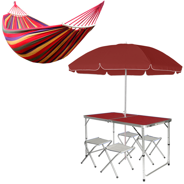 Комплект раскладной стол и 4 стула Easy Campi в чемодане Коричневый + зонт 1.8м + Гамак подвесной с планкой 190x150 см Красный - изображение 7